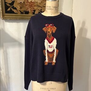 Anthropologie -  Porridge - Navy Blue Knit Sweater with Dog USA Flag Design